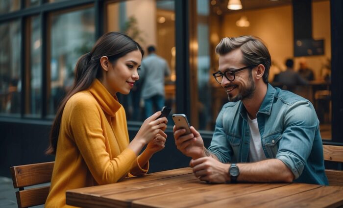 A man & a woman sitting together, engaging in a friendly conversation and smiling, illustrating the importance of mastering communication in relationships.