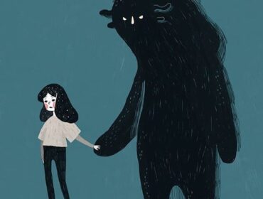 Illustration of a person holding hands with a shadowy figure representing depression. The figure looms behind them, symbolizing the presence and impact of mental health struggles.