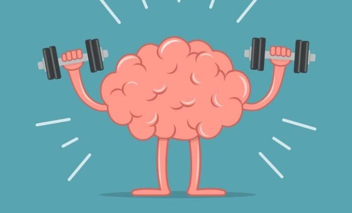 An illustration showing a brain using dumbbells, a depiction to boost your mental wellbeing.